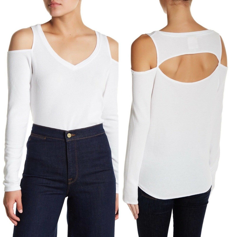 Chaser Long Sleeve Cold Shoulder Tee White cutouts open back